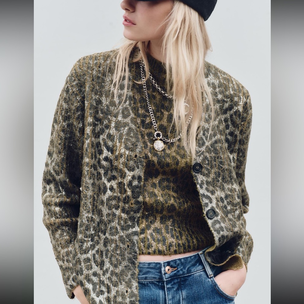 Zara Leopard Print Knit Foil Cardigan Sweater